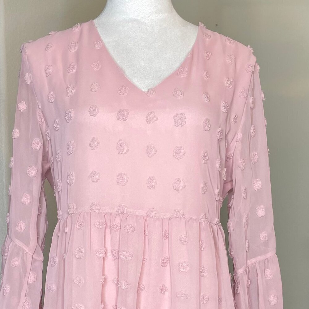 BELONGSCI Pink Coquette Swiss Dot Tiered Mini Dress Bell Sleeve M - Picture 3 of 8